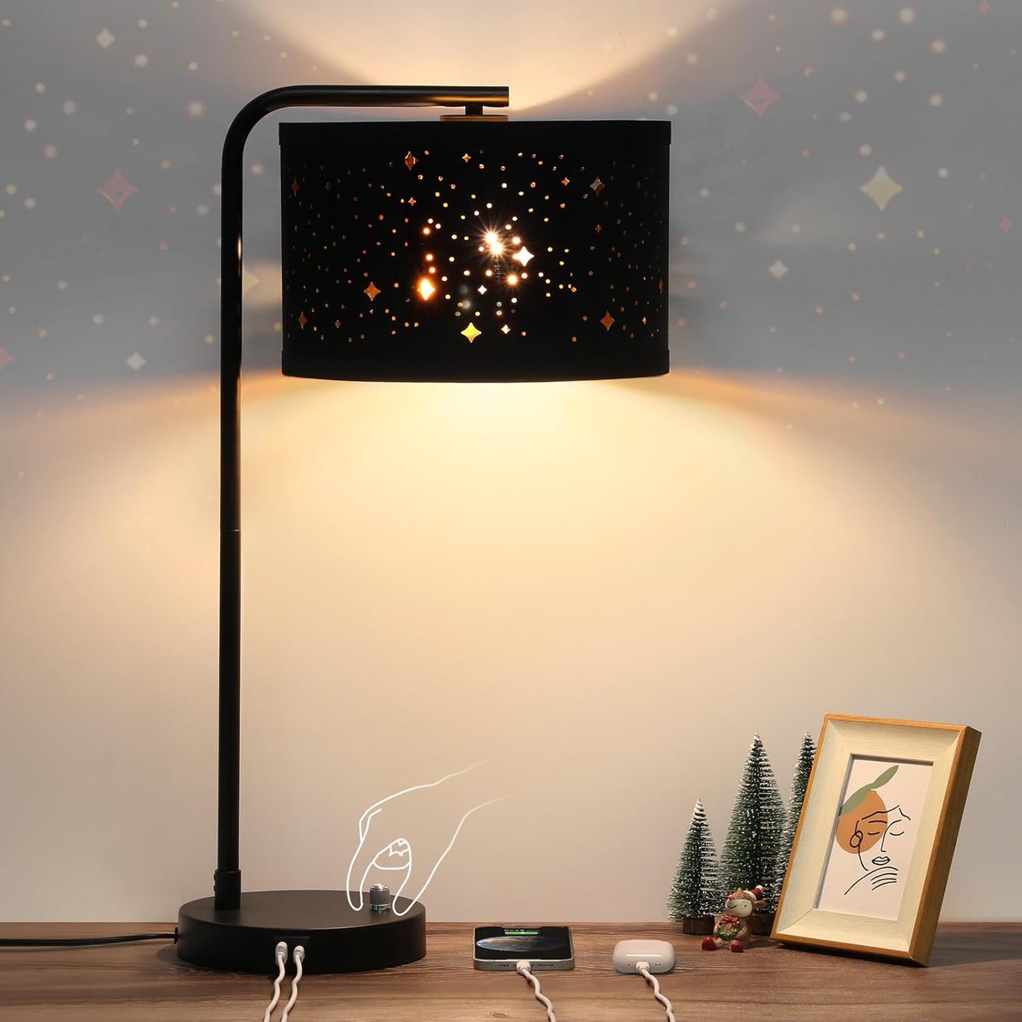 Tall Table Lamp with USB C+A Ports, Fully Stepless Dimmable Modern Bedside Nightstand Lamp, Reading Desk Lamp for Bedroom, Living Room, Study Room, Office, 9W 3000K LED Bulb Included