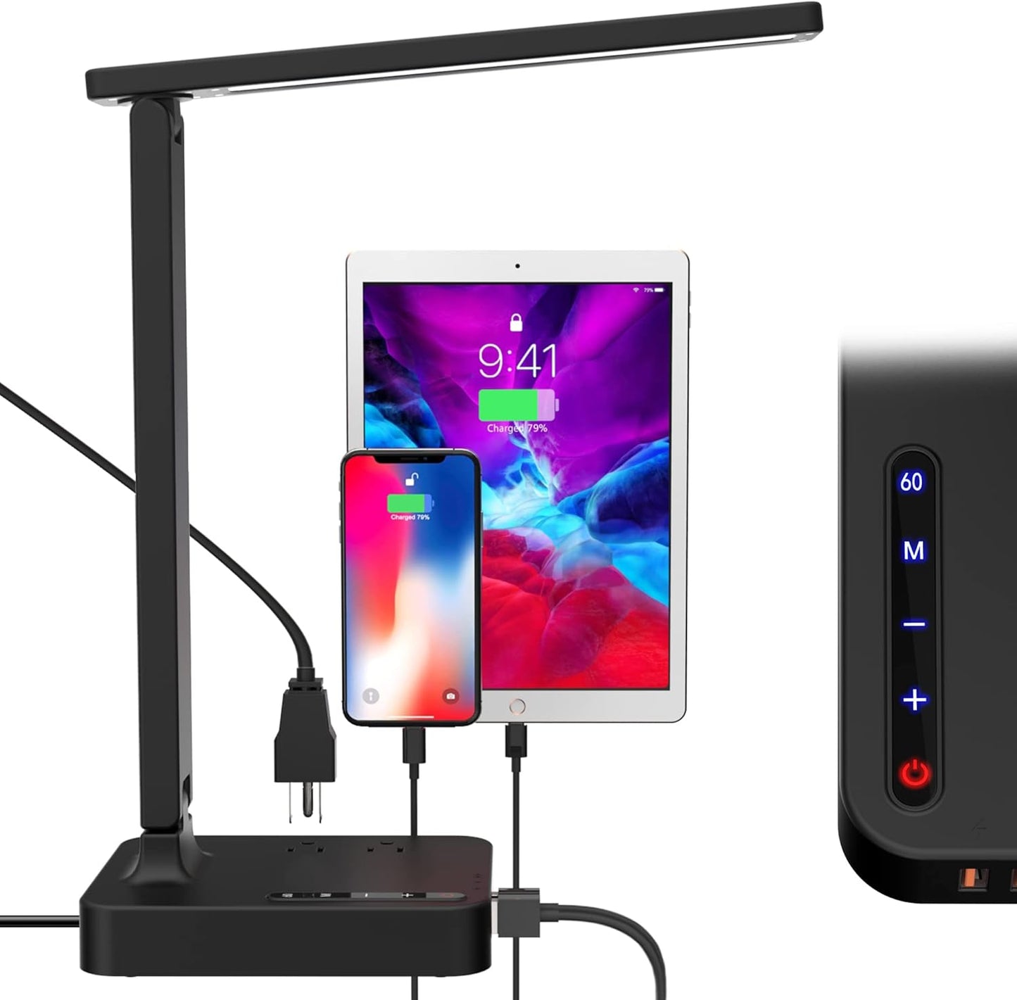 Desk Lamp,Desk Lamps for Home Office,COZOO LED Desk Lamp with 2 USB Charging Ports,2 Pen Holders,1 Outlet,3 Color 3 Brightness Levels,Touch/Memory/Timer,LED Desk Light Small Desk Lamp Kids Study Lamp