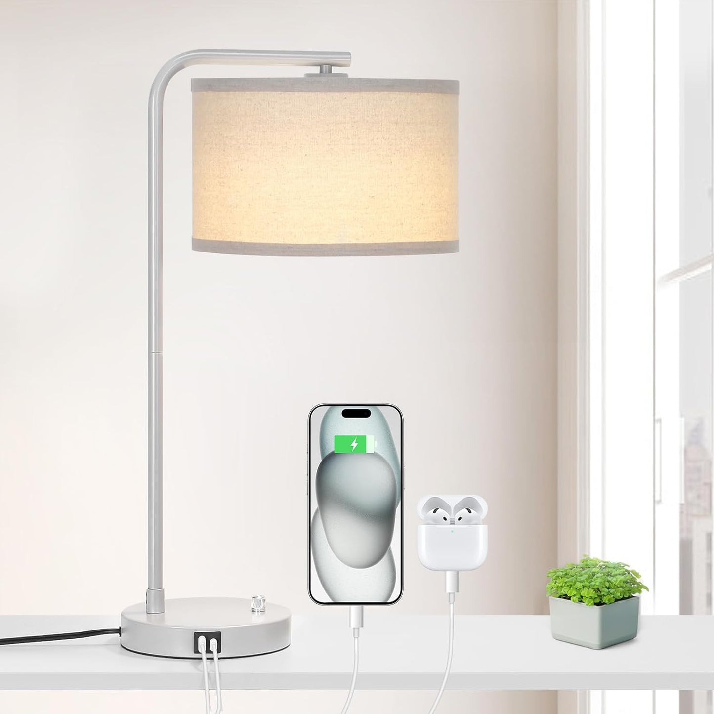 Tall Table Lamp with USB C+A Ports, Fully Stepless Dimmable Modern Bedside Nightstand Lamp, Reading Desk Lamp for Bedroom, Living Room, Study Room, Office, 9W 3000K LED Bulb Included