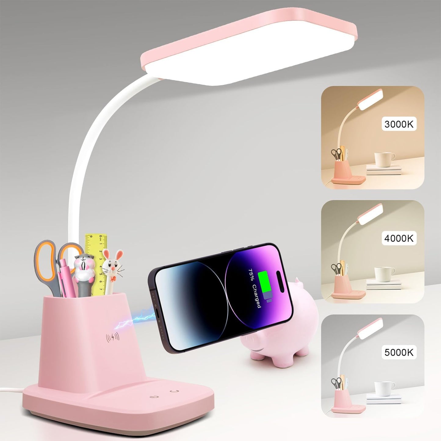 Sailstar Desk Lamp, LED Desk Lamps for Home Office, Wireless Charger Small Desk Lamp with Pen Holder, 3 Color Modes, Dimmable, CRI 85, 800LM, Study Lamps for College Dorm Room, Adapter Included, Black