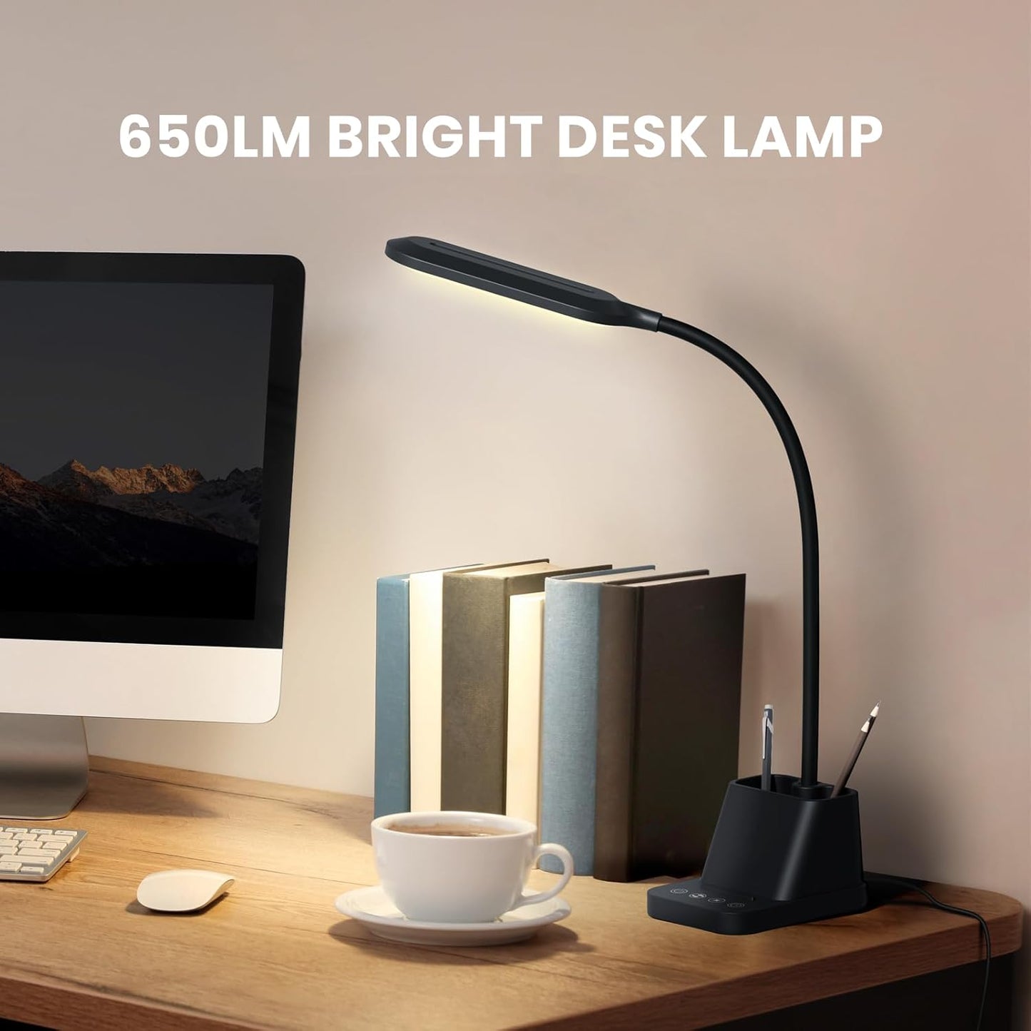 AXX LED Desk Lamp with USB Charging Port, Study Table Light for Home Office Bedrooms, Black, Flexible Gooseneck, Small, 650LM, Pen Holder, Timer Settings, School Essentials for College Dorm Room