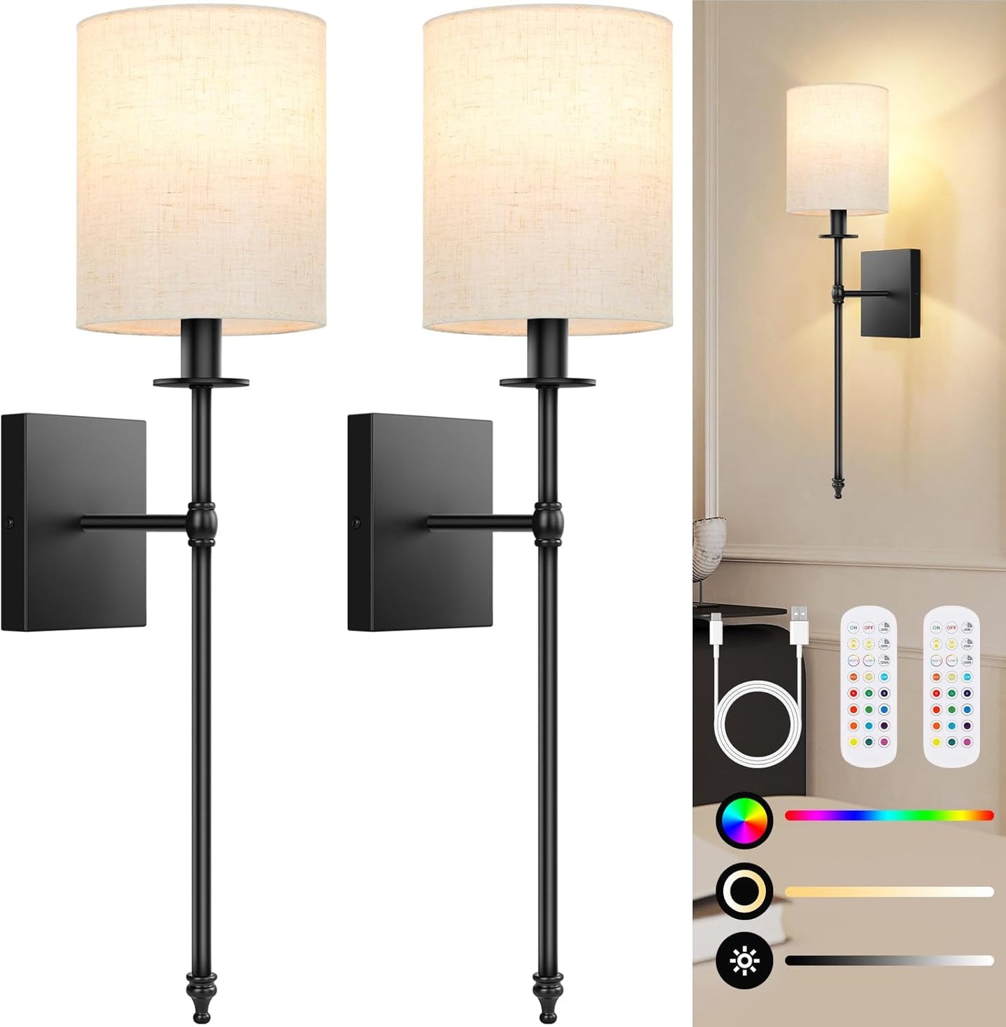 24.8 Inch Wall Sconces Battery Operated Set of 2, Rechargeable Wireless Wall Sconces Lights with Remote, Not Hardwired Dimmable Gold Wall Lamps with White Fabric Shade for Bedroom, 2 Bulbs Included