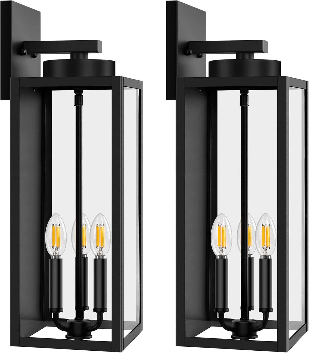 Outdoor Wall Light Fixtures, Exterior Waterproof Lanterns, Porch Sconces Wall Mounted Lighting with E26 Sockets & Glass Shades, Modern Matte Black Wall Lamps for Patio Front Door Entryway, 2-Pack