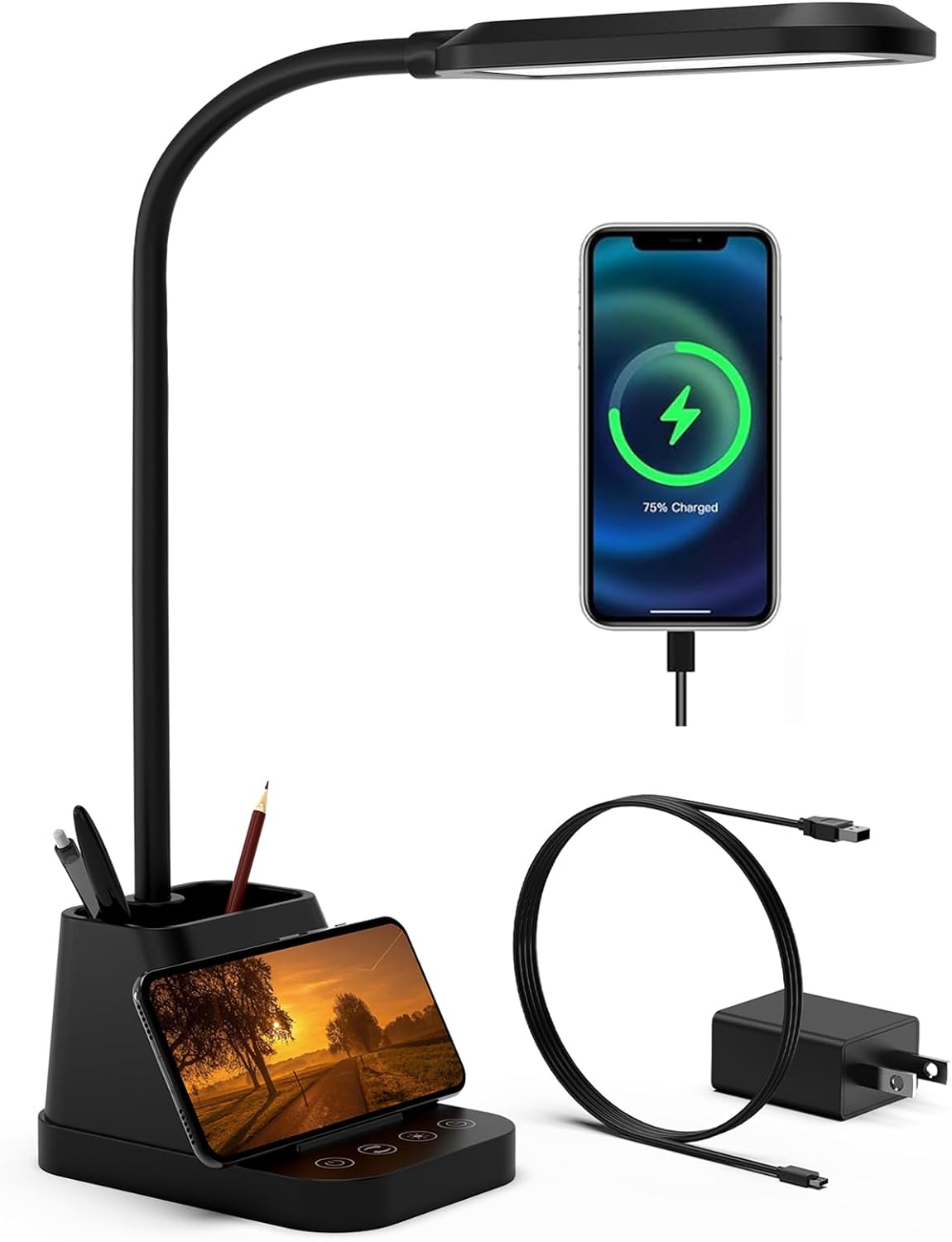 AXX LED Desk Lamp with USB Charging Port, Study Table Light for Home Office Bedrooms, Black, Flexible Gooseneck, Small, 650LM, Pen Holder, Timer Settings, School Essentials for College Dorm Room