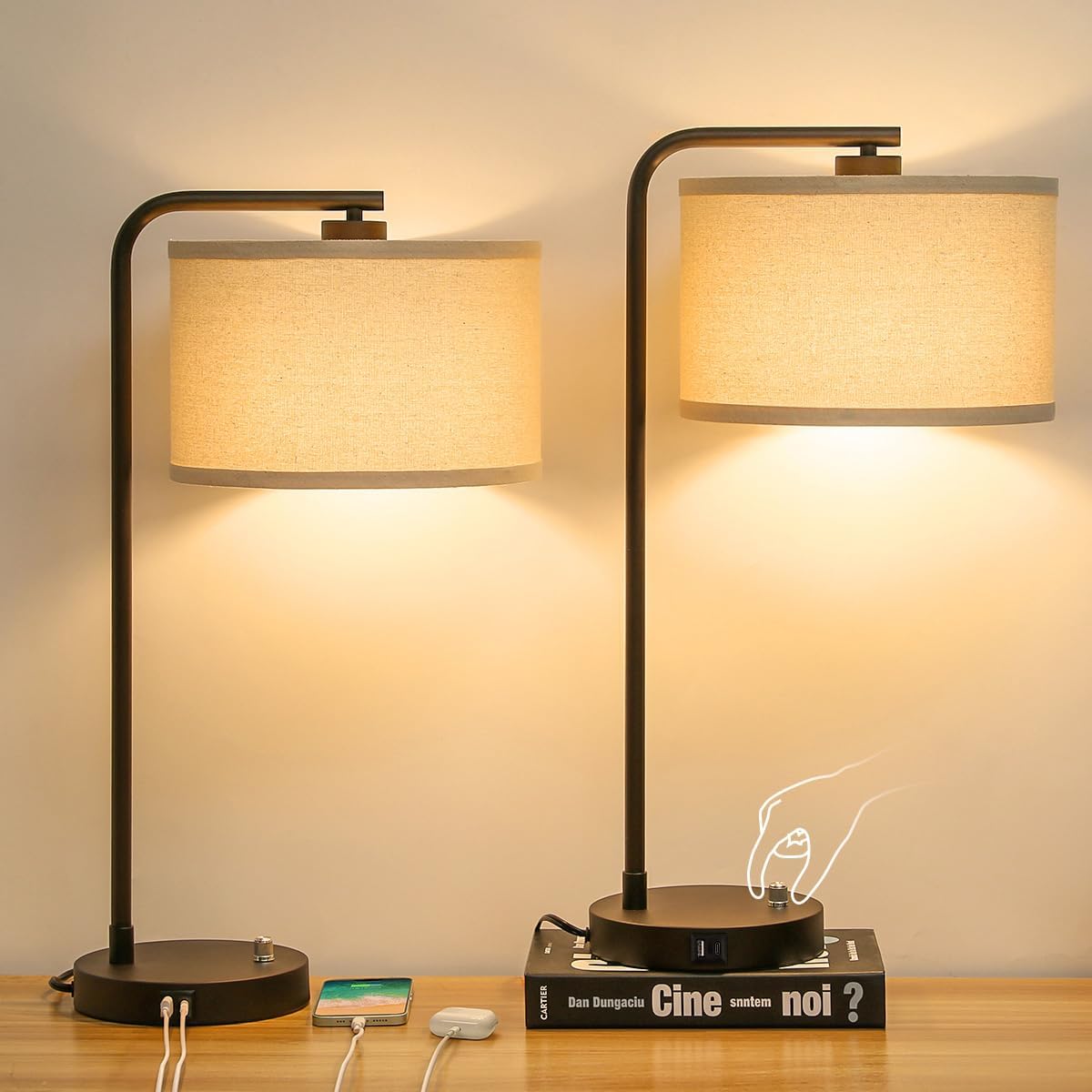 Tall Table Lamp with USB C+A Ports, Fully Stepless Dimmable Modern Bedside Nightstand Lamp, Reading Desk Lamp for Bedroom, Living Room, Study Room, Office, 9W 3000K LED Bulb Included