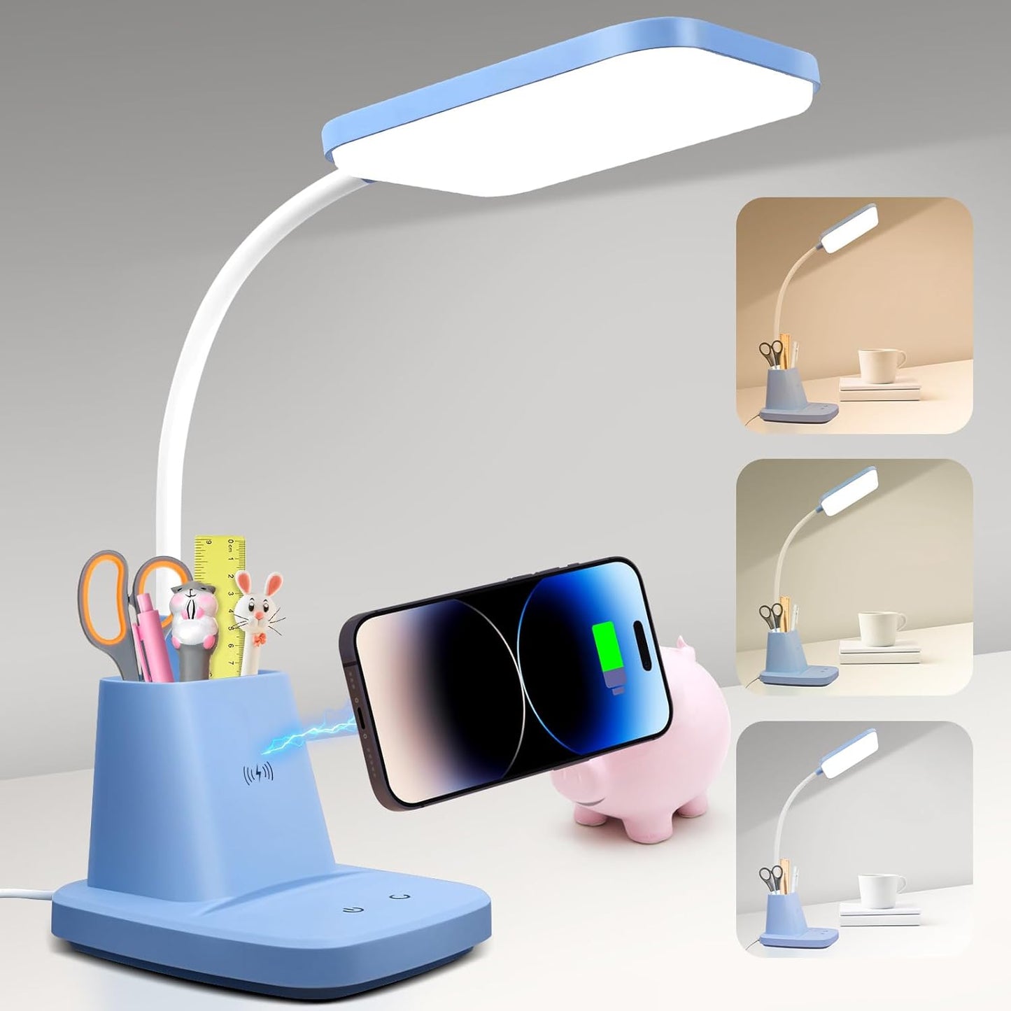 Sailstar Desk Lamp, LED Desk Lamps for Home Office, Wireless Charger Small Desk Lamp with Pen Holder, 3 Color Modes, Dimmable, CRI 85, 800LM, Study Lamps for College Dorm Room, Adapter Included, Black
