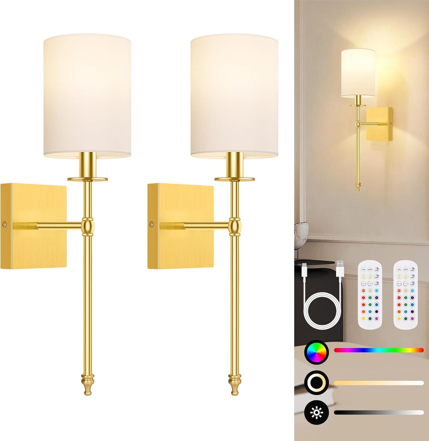24.8 Inch Wall Sconces Battery Operated Set of 2, Rechargeable Wireless Wall Sconces Lights with Remote, Not Hardwired Dimmable Gold Wall Lamps with White Fabric Shade for Bedroom, 2 Bulbs Included