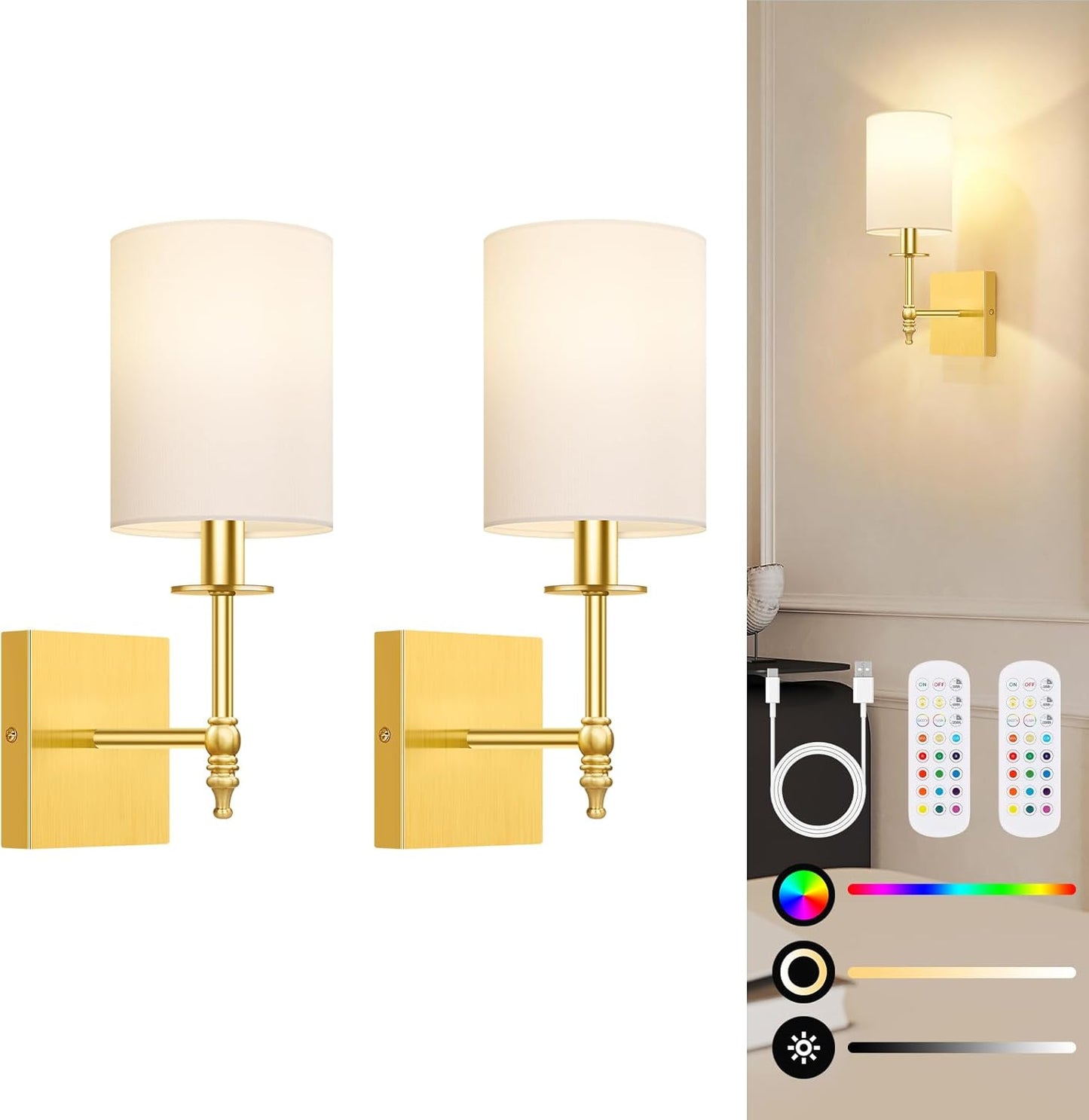 24.8 Inch Wall Sconces Battery Operated Set of 2, Rechargeable Wireless Wall Sconces Lights with Remote, Not Hardwired Dimmable Gold Wall Lamps with White Fabric Shade for Bedroom, 2 Bulbs Included
