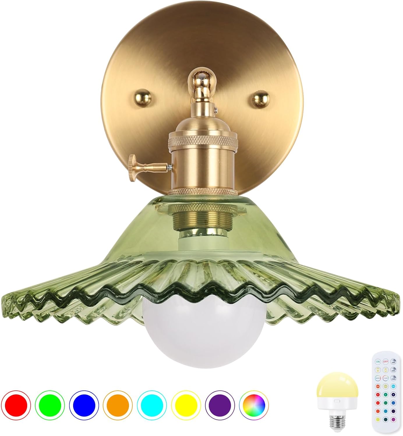 Battery Operated Wall Sconce, Vintage Wall Sconce with Deep Green Tulip Glass Lampshade Rechargeable Battery Powered Wall Light with Remote Control for Bedroom,Living Room, Hallway, Aisle