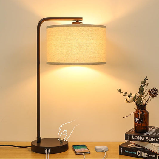Tall Table Lamp with USB C+A Ports, Fully Stepless Dimmable Modern Bedside Nightstand Lamp, Reading Desk Lamp for Bedroom, Living Room, Study Room, Office, 9W 3000K LED Bulb Included