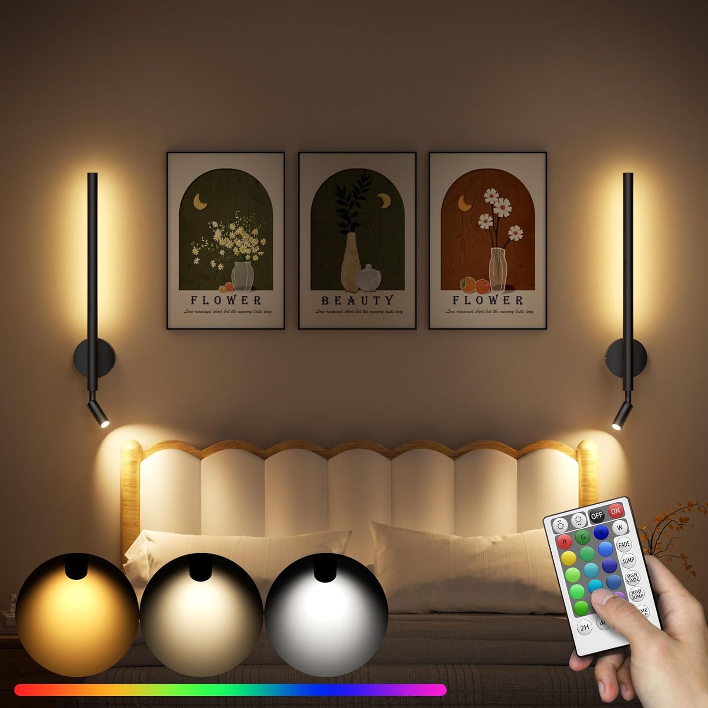 Battery Operated Sconces Set of Two: Wireless Magnet Wall Lights Rechargeable with Remote Cordless Adhesive LED Sconces Wall Lighting Indoor for Living Room Bedroom Hallway Decor Black