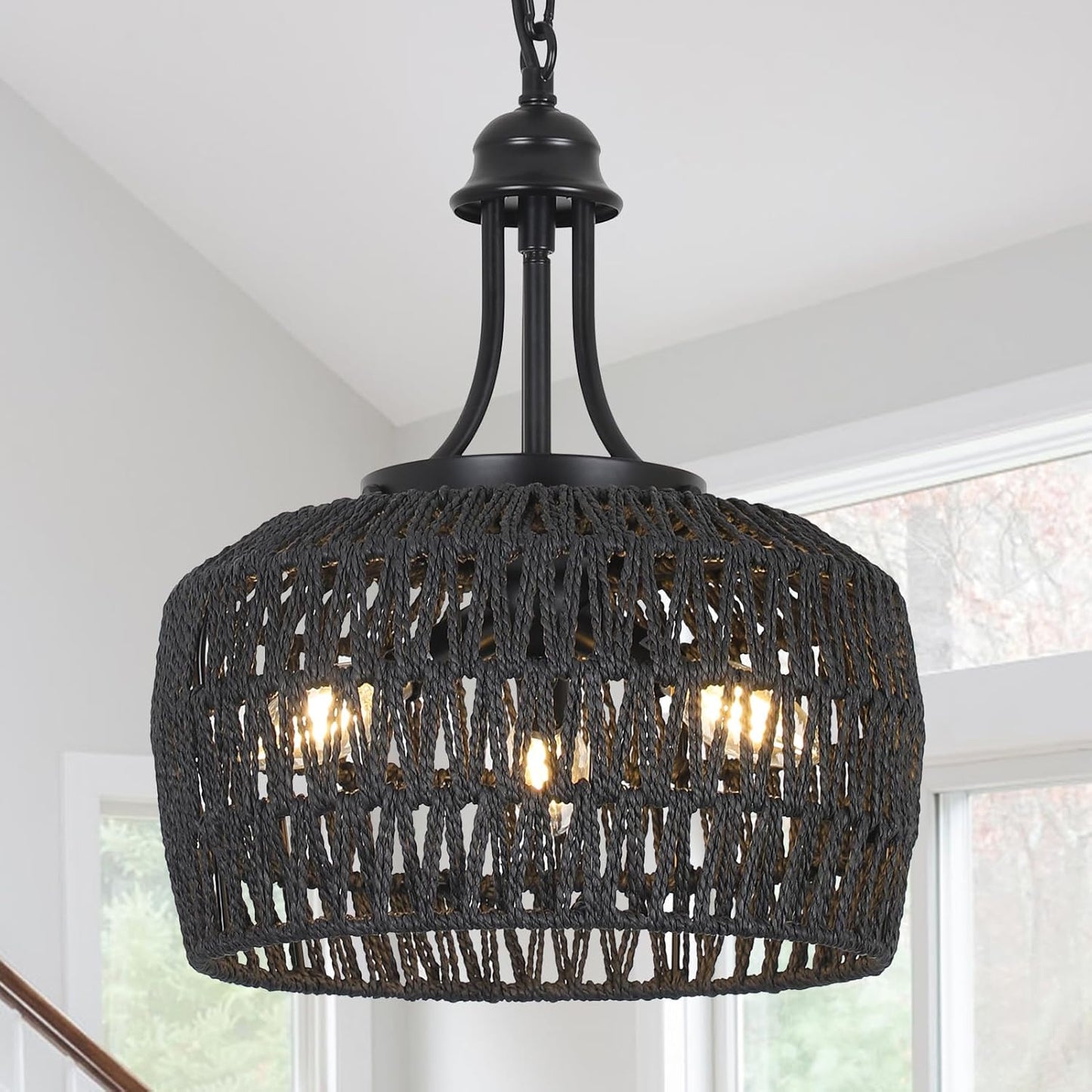 HMVPL Large Farmhouse Chandeliers for Dining Room, 5-Light Rattan Boho Chandelier Light Fixture with Wicker Lampshade, Coastal Hanging Pendant Lighting for Kitchen Island Bedroom Living Room Nursery