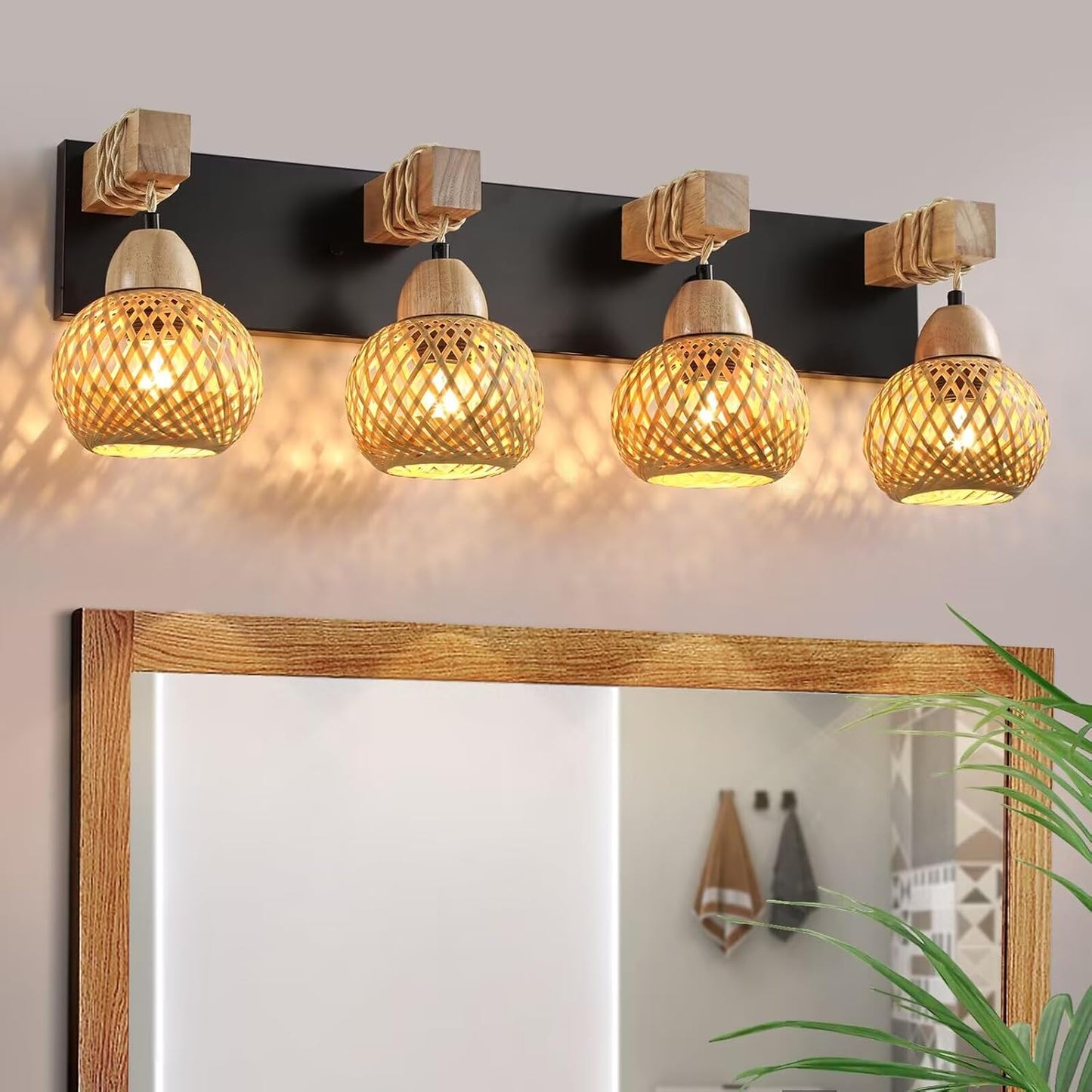 3-Light Bathroom Vanity Light Fixtures， Rustic Style Farmhouse Wood Bathroom Wall Sconce， Handmade Bamboo Woven Boho Wicker Basket Lamp Shade，suitable for bedroom, hallway, and living room