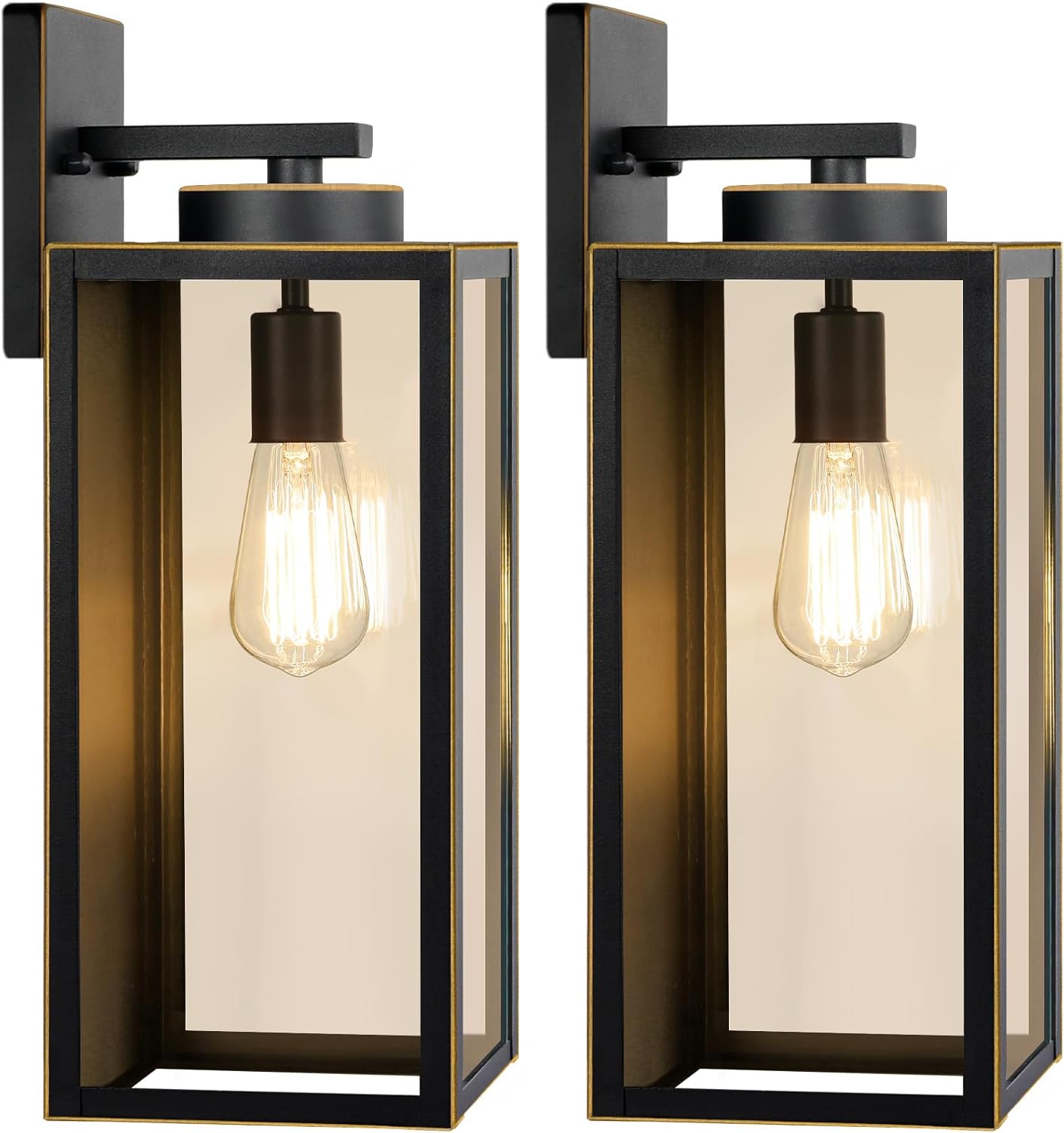 Outdoor Wall Light Fixtures, Exterior Waterproof Lanterns, Porch Sconces Wall Mounted Lighting with E26 Sockets & Glass Shades, Modern Matte Black Wall Lamps for Patio Front Door Entryway, 2-Pack