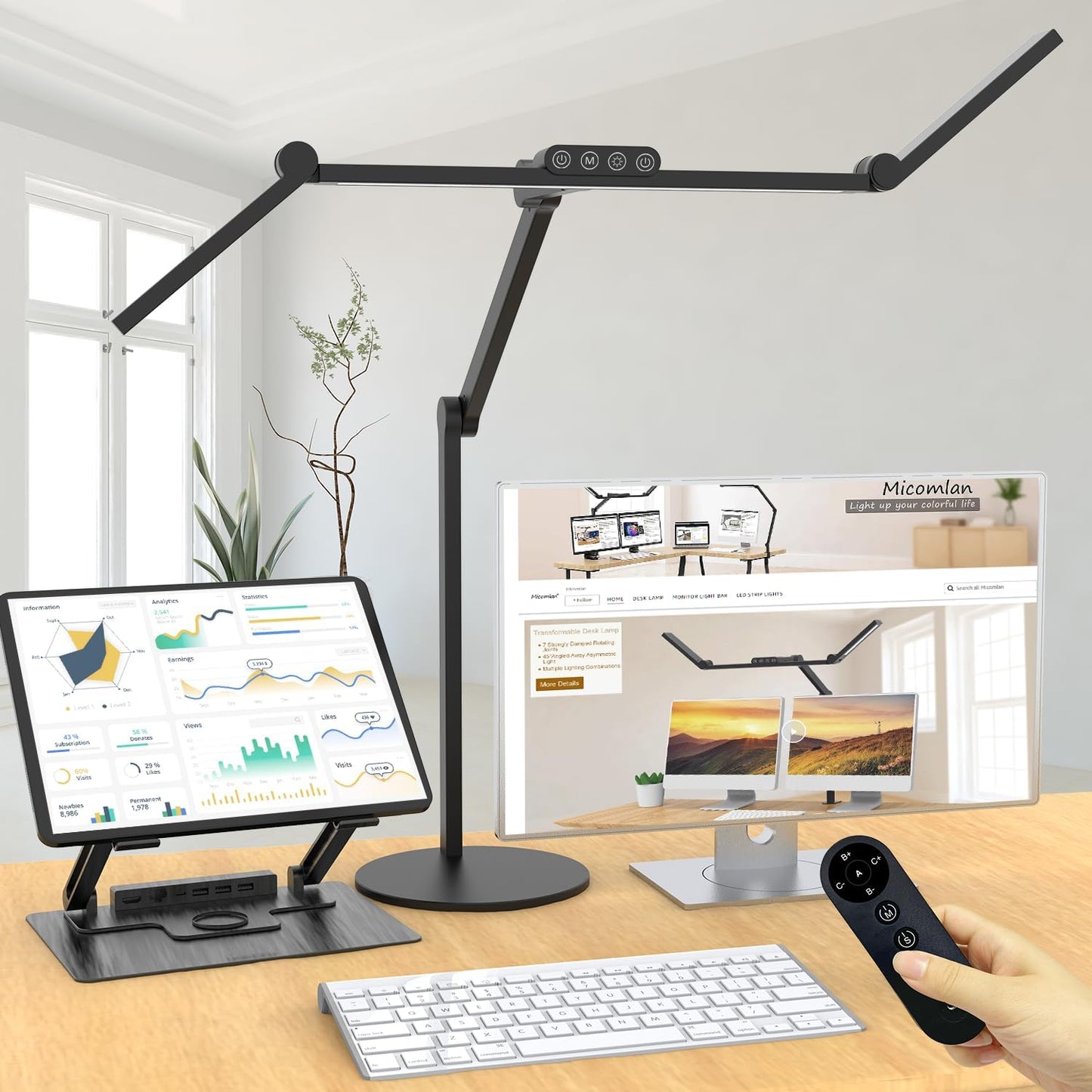 Micomlan Architect Desk Lamp with Atmosphere Lighting, Adjustable Led Desk Light for Home Office with Base, 24W Bright Auto Dimming Table Light with Rotatable Swing Arm for Workbench Computer
