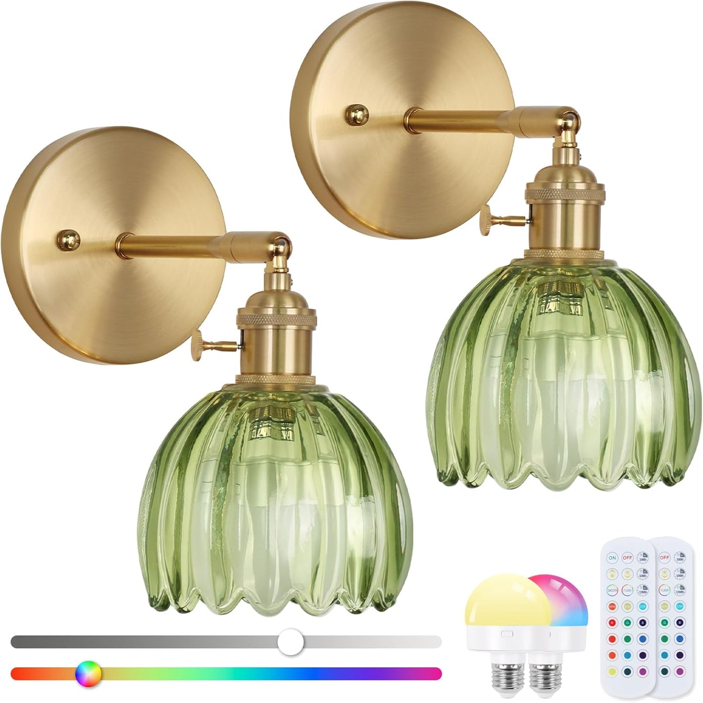 Battery Operated Wall Sconce, Vintage Wall Sconce with Deep Green Tulip Glass Lampshade Rechargeable Battery Powered Wall Light with Remote Control for Bedroom,Living Room, Hallway, Aisle