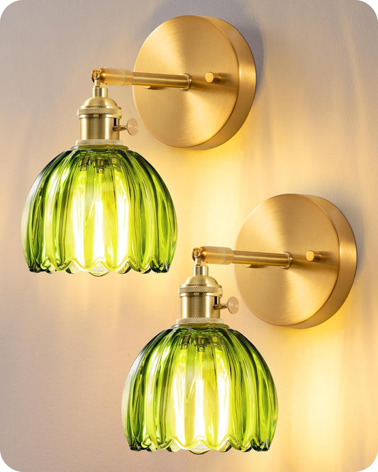 EDISHINE Wall Sconces Set of Two, Vintage Wall Lighting Fixture with Green Tulip Glass Lampshade 180 Degree Adjustable Hardwired, Brass Gold Wall Lamp for Bedroom Living Room Hallway Bathroom