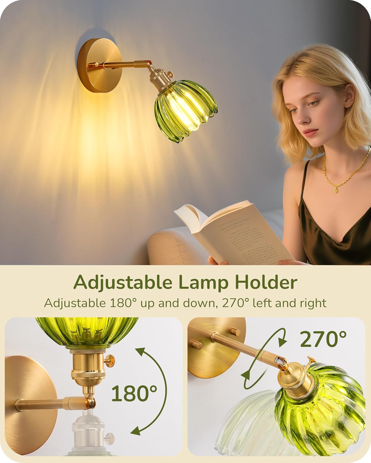 EDISHINE Wall Sconces Set of Two, Vintage Wall Lighting Fixture with Green Tulip Glass Lampshade 180 Degree Adjustable Hardwired, Brass Gold Wall Lamp for Bedroom Living Room Hallway Bathroom