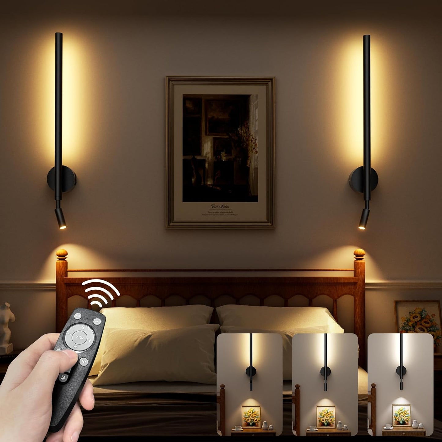 Battery Operated Sconces Set of Two: Wireless Magnet Wall Lights Rechargeable with Remote Cordless Adhesive LED Sconces Wall Lighting Indoor for Living Room Bedroom Hallway Decor Black