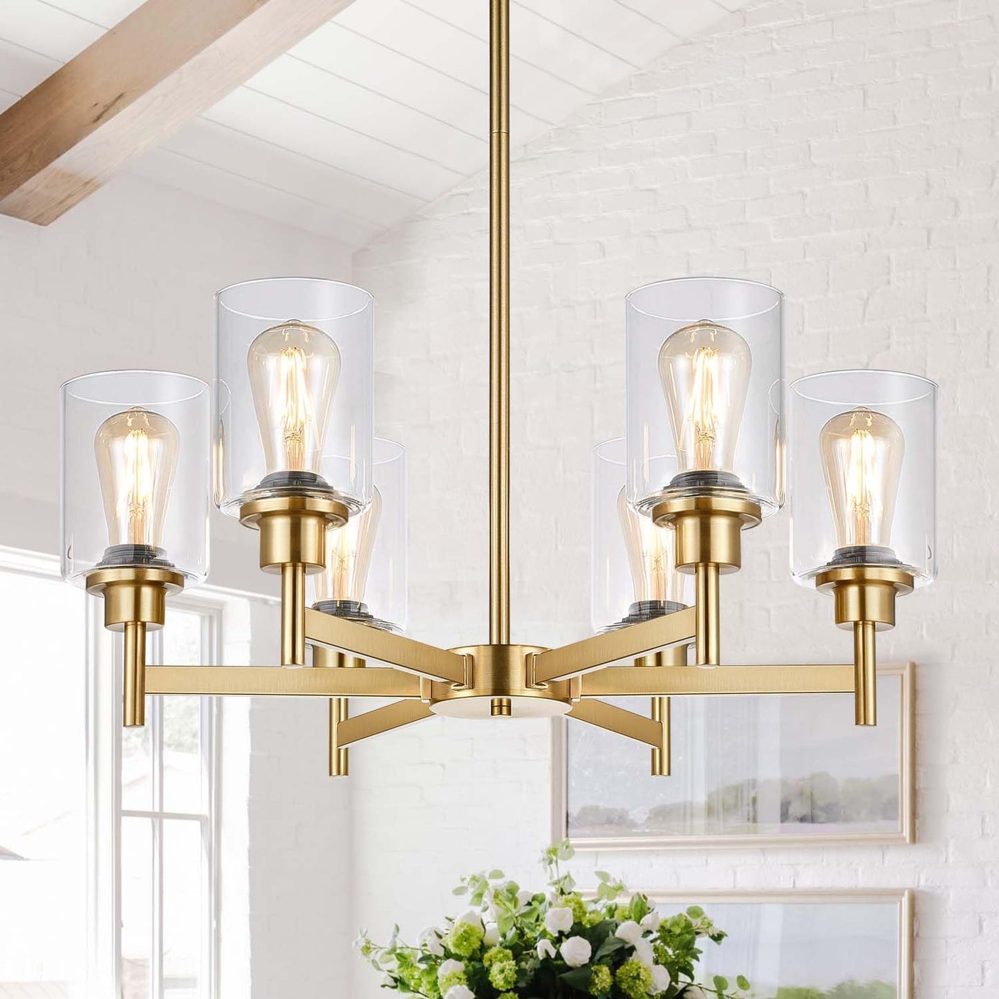 Black Chandeliers, 6 Light Dining Room Light Fixtures Over Table, Farmhouse Chandeliers for Dining Room with Clear Glass Shade for Kitchen Island Living Room Bedroom Bathroom, Height Adjustable