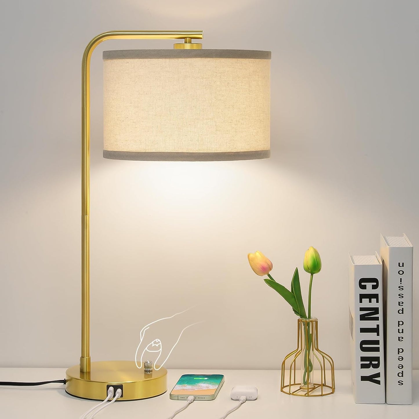 Tall Table Lamp with USB C+A Ports, Fully Stepless Dimmable Modern Bedside Nightstand Lamp, Reading Desk Lamp for Bedroom, Living Room, Study Room, Office, 9W 3000K LED Bulb Included