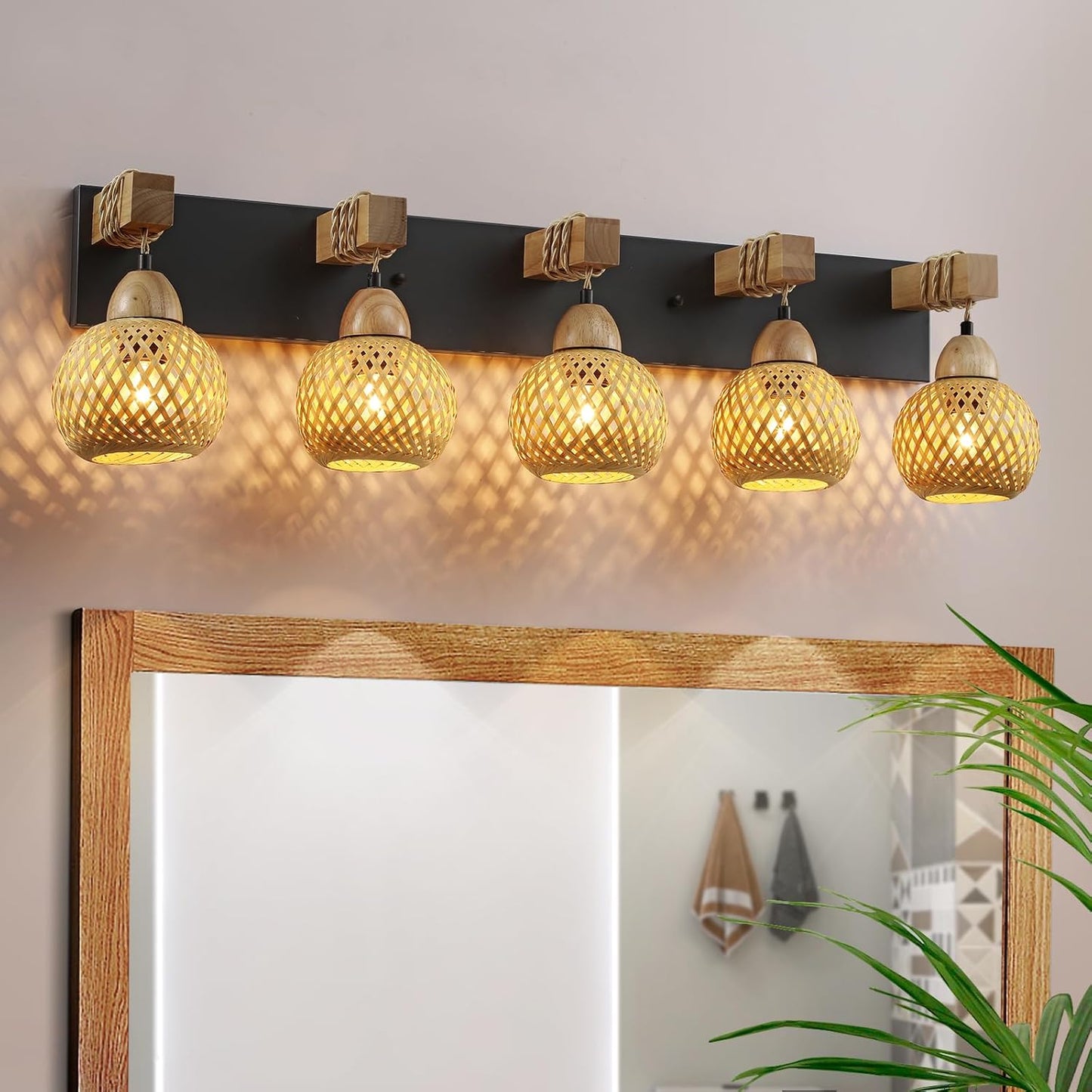 3-Light Bathroom Vanity Light Fixtures， Rustic Style Farmhouse Wood Bathroom Wall Sconce， Handmade Bamboo Woven Boho Wicker Basket Lamp Shade，suitable for bedroom, hallway, and living room