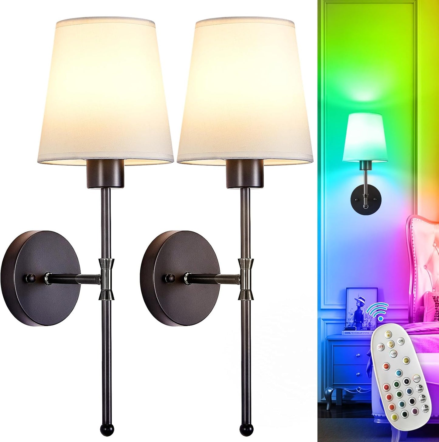 Depuley Battery Operated Wall Sconce: Set of 2 Wireless Wall Lights with Remote for Bedroom - Rechargeable 15 Colors Gold Wall Lamp for Living Room Hallway