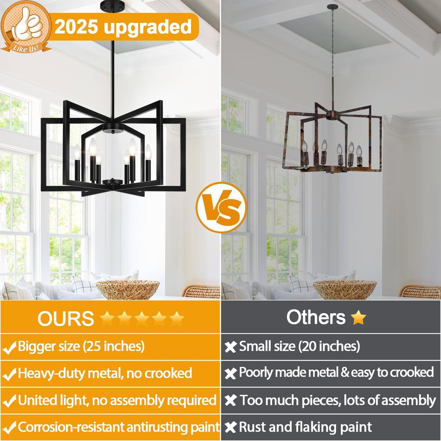 25" Modern Black Chandelier for Dining Room (6-Light, 25-Inch), Geometric Black Dining Room Light Fixture Over Table, Industrial Metal Hanging Pendant Lights for Kitchen Island, Entryway, Foyer