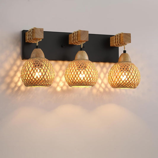 3-Light Bathroom Vanity Light Fixtures， Rustic Style Farmhouse Wood Bathroom Wall Sconce， Handmade Bamboo Woven Boho Wicker Basket Lamp Shade，suitable for bedroom, hallway, and living room