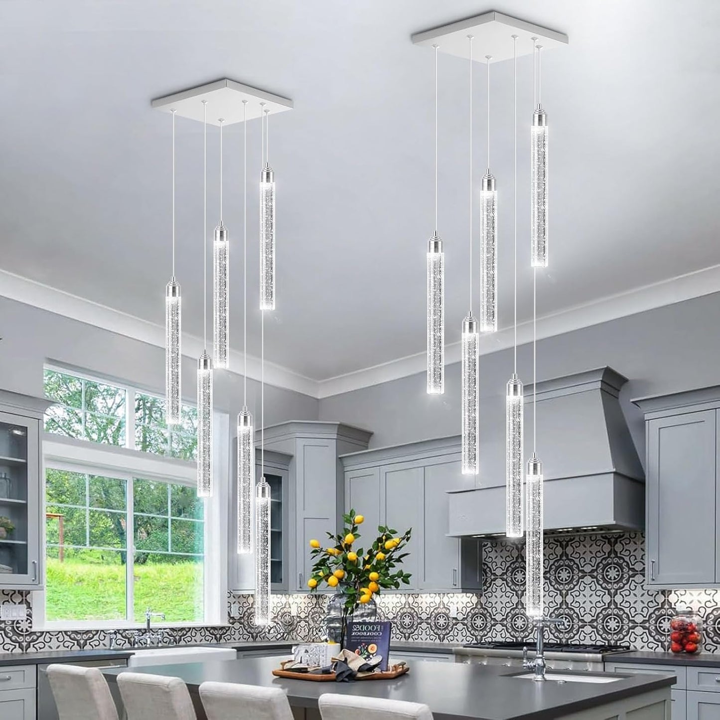 12-Lights Chandelier LED Dimmable Chandeliers for Entryway Flush Mount Ceiling Pendant Light Fixture Crystal Chandeliers for Living Room Black Finished Lighting Modern High Ceiling Chandelier