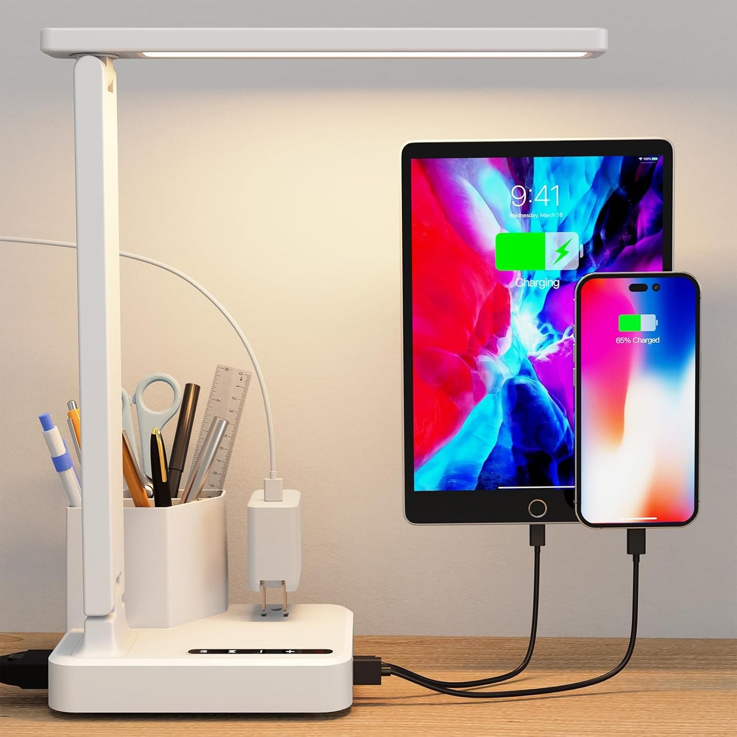 Desk Lamp,Desk Lamps for Home Office,COZOO LED Desk Lamp with 2 USB Charging Ports,2 Pen Holders,1 Outlet,3 Color 3 Brightness Levels,Touch/Memory/Timer,LED Desk Light Small Desk Lamp Kids Study Lamp