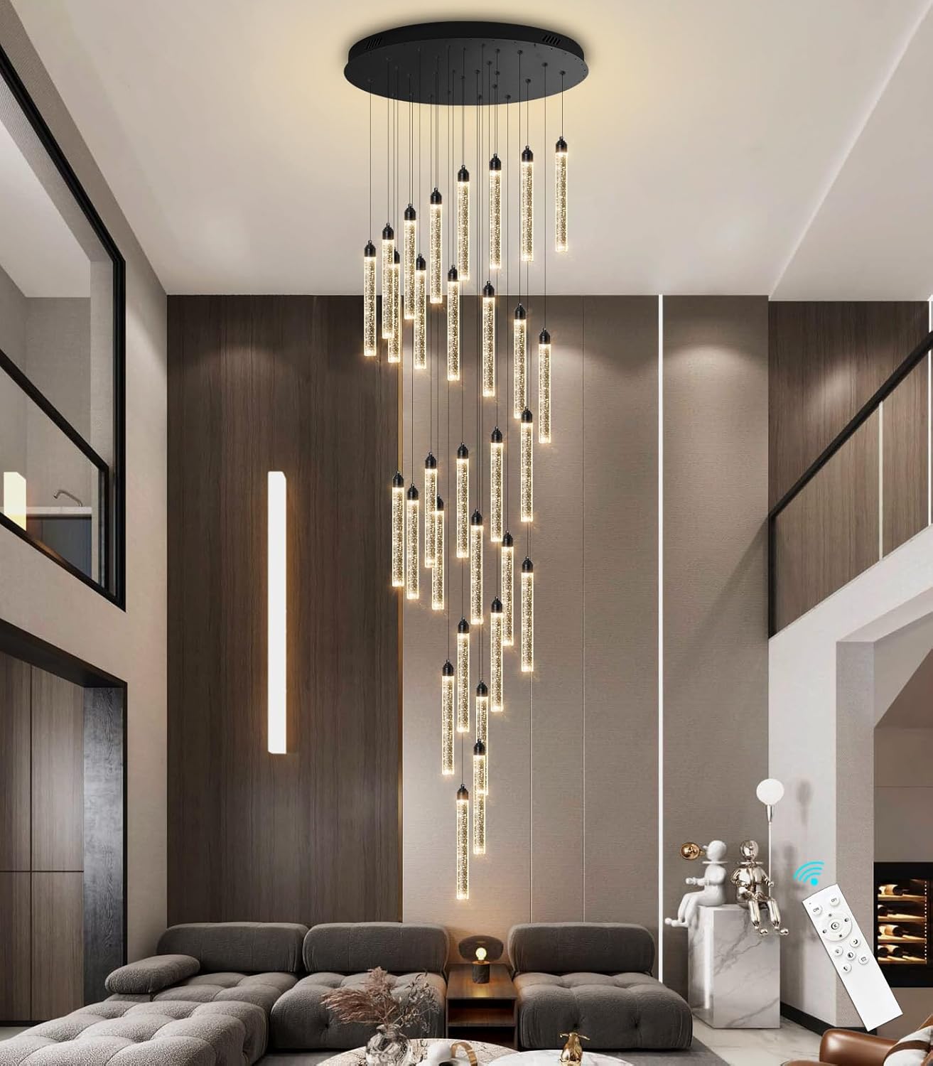 12-Lights Chandelier LED Dimmable Chandeliers for Entryway Flush Mount Ceiling Pendant Light Fixture Crystal Chandeliers for Living Room Black Finished Lighting Modern High Ceiling Chandelier