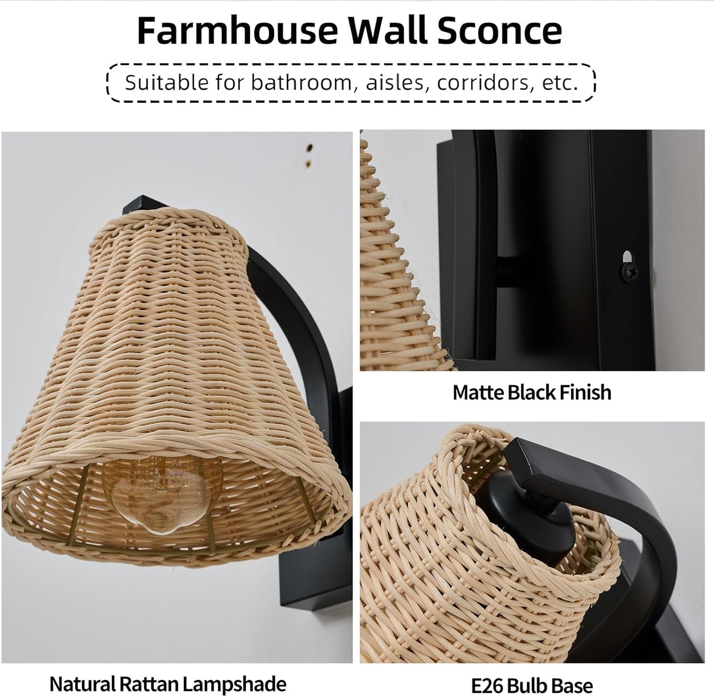 Boho Rattan Wall Sconce, Wrapped Wall Light Fixture with Hand Woven Wicker Lamp Shade, Hardwired Rustic Farmhouse Bedside Wall Mount Lighting Fixtures for Bedroom Living Room Hallway Bathroom Kitchen