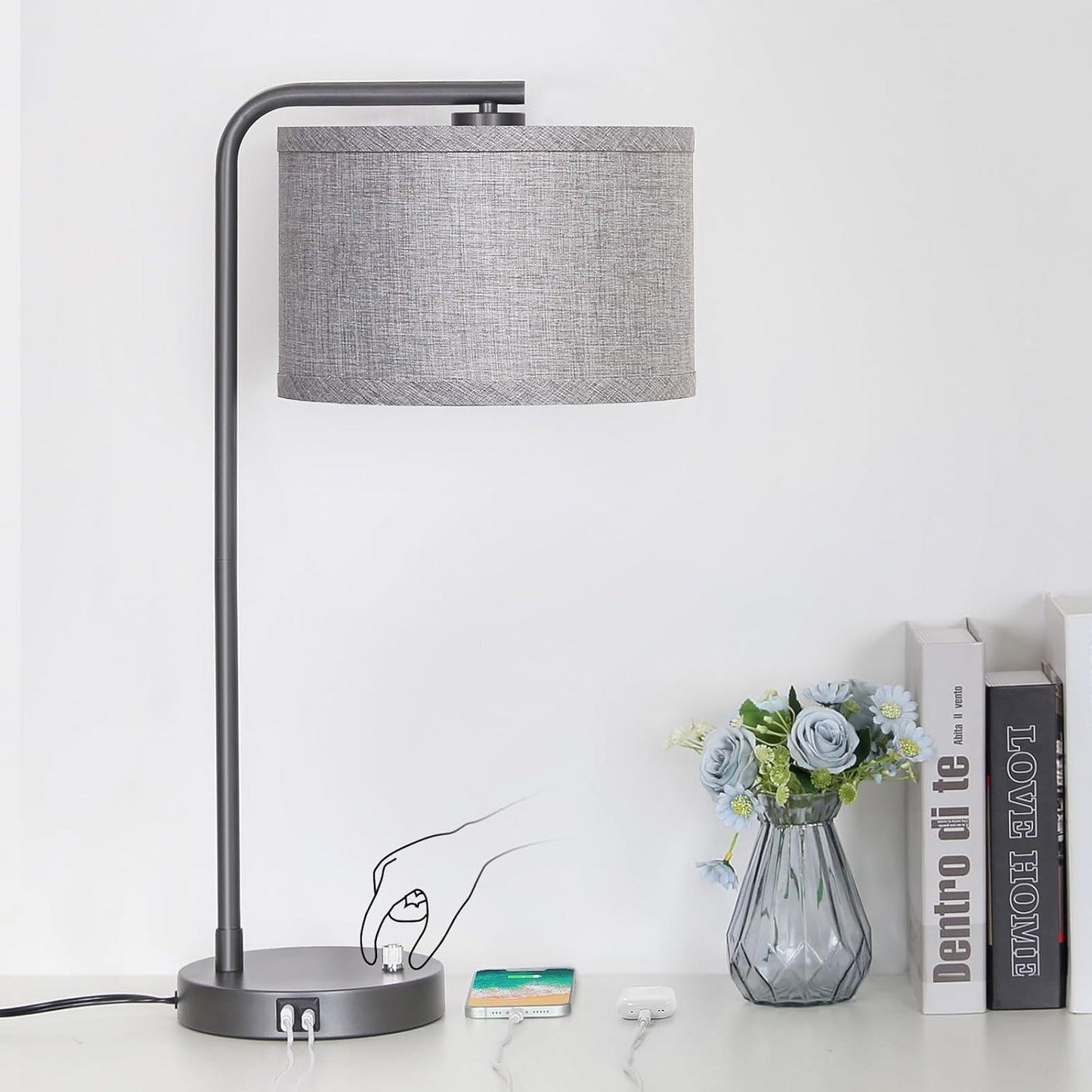 Tall Table Lamp with USB C+A Ports, Fully Stepless Dimmable Modern Bedside Nightstand Lamp, Reading Desk Lamp for Bedroom, Living Room, Study Room, Office, 9W 3000K LED Bulb Included