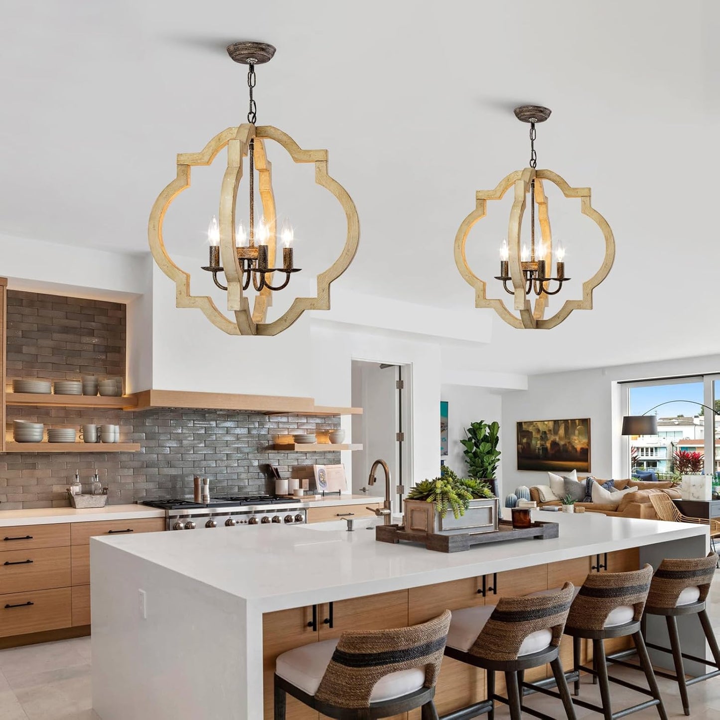 21.7 Inch Farmhouse Wood Chandelier for Dining Room, 4-Light Rustic Dining Room Light Fixtures Over Table with E12 Bases, Adjustable Hanging Light Fixture for Kitchen Island, Foyer, Entryway