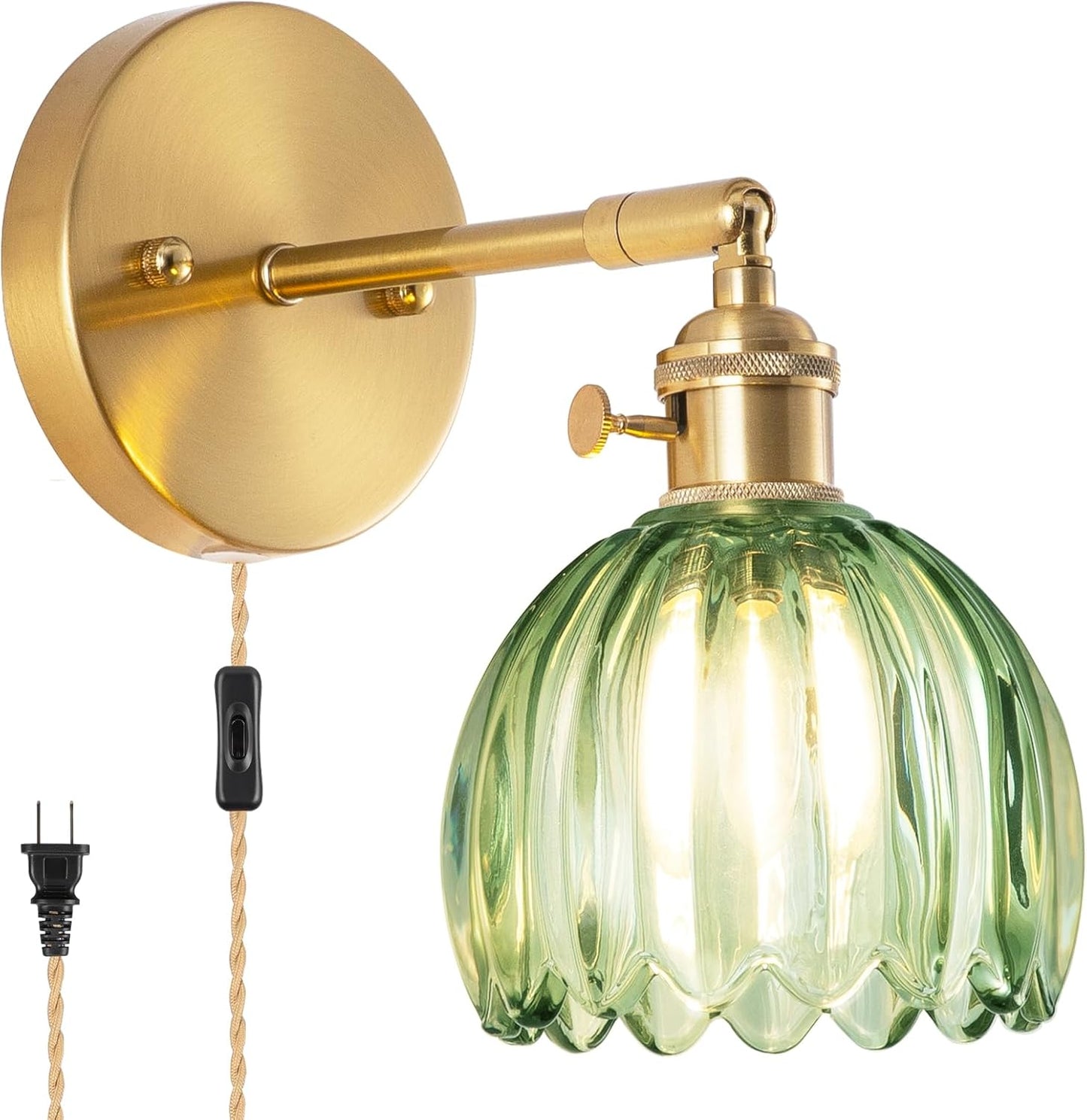 Battery Operated Wall Sconce, Vintage Wall Sconce with Deep Green Tulip Glass Lampshade Rechargeable Battery Powered Wall Light with Remote Control for Bedroom,Living Room, Hallway, Aisle