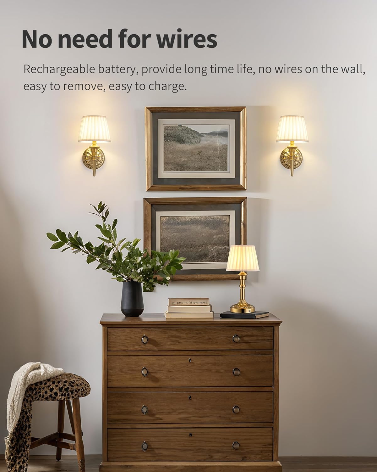 KDG Cordless Wall Sconces Set of 2, Small Wireless 5200mAh Rechargeable Battery Fabric LED Wall Lamps, Portables Lightings for Wall Painting, Living Room, Bedroom, Hallway, Gifts, Night Light (Gold)