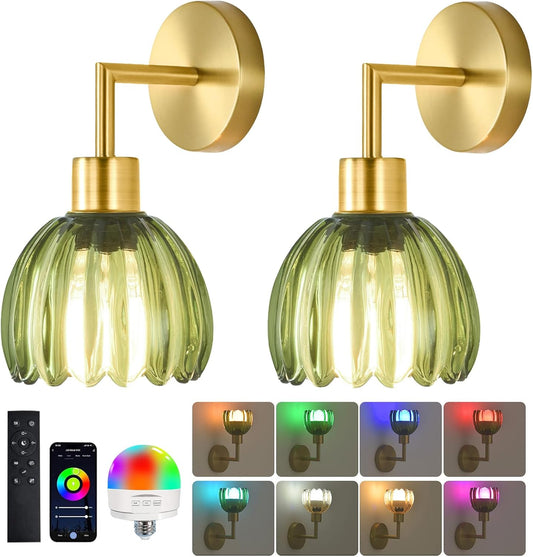 Vintage Battery Operated Wall Sconces Set of 2,Gold Wall Lights with Remote Control & Glass Lampshape,Wireless Wall Lamp 12 Color Rechargeable Battery Powered Wall Sconces for Bedroom Living Room