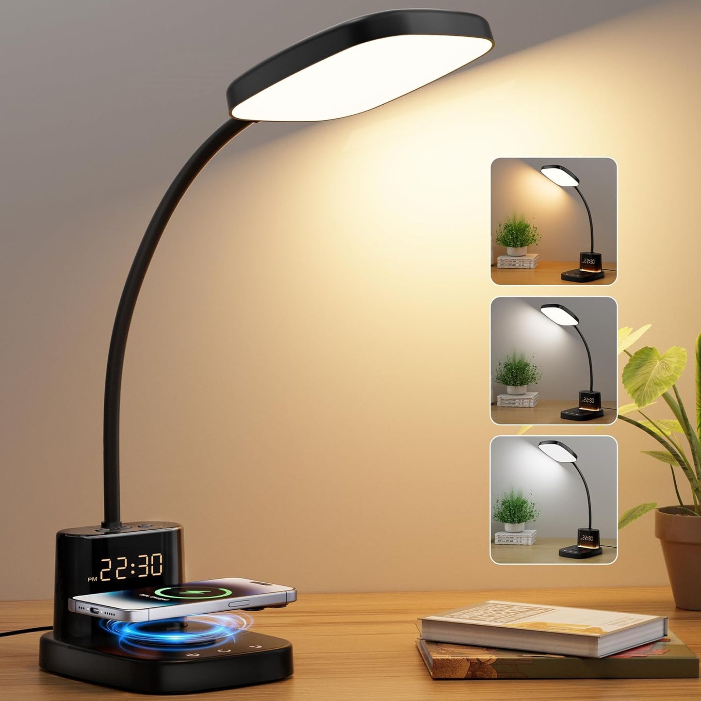 Sailstar Desk Lamp, LED Desk Lamps for Home Office, Wireless Charger Small Desk Lamp with Pen Holder, 3 Color Modes, Dimmable, CRI 85, 800LM, Study Lamps for College Dorm Room, Adapter Included, Black