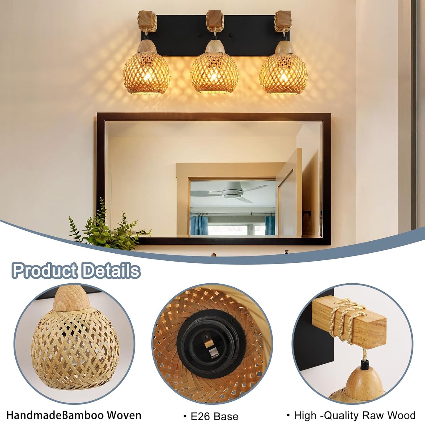 3-Light Bathroom Vanity Light Fixtures， Rustic Style Farmhouse Wood Bathroom Wall Sconce， Handmade Bamboo Woven Boho Wicker Basket Lamp Shade，suitable for bedroom, hallway, and living room