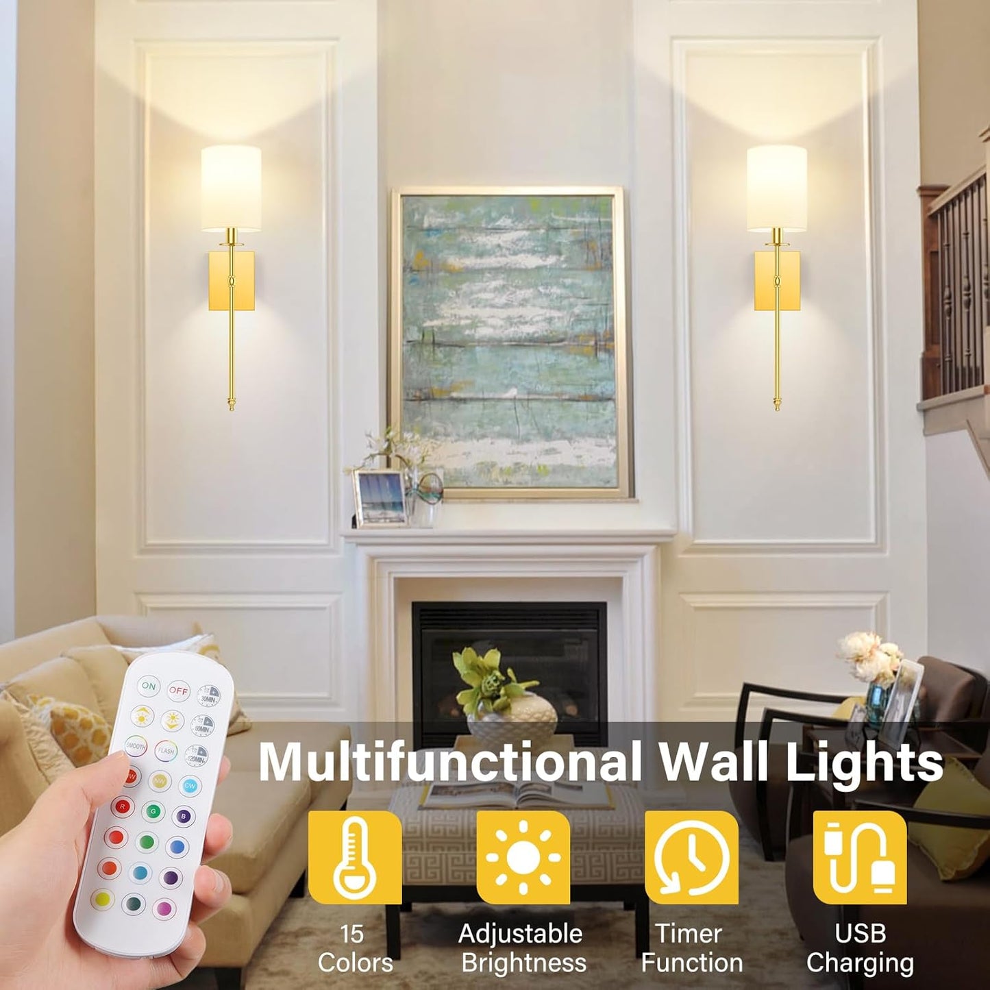 24.8 Inch Wall Sconces Battery Operated Set of 2, Rechargeable Wireless Wall Sconces Lights with Remote, Not Hardwired Dimmable Gold Wall Lamps with White Fabric Shade for Bedroom, 2 Bulbs Included