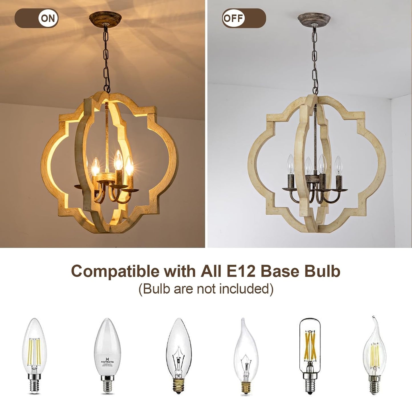 21.7 Inch Farmhouse Wood Chandelier for Dining Room, 4-Light Rustic Dining Room Light Fixtures Over Table with E12 Bases, Adjustable Hanging Light Fixture for Kitchen Island, Foyer, Entryway