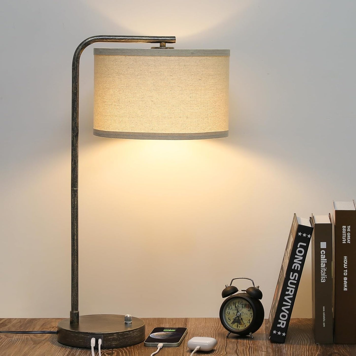 Tall Table Lamp with USB C+A Ports, Fully Stepless Dimmable Modern Bedside Nightstand Lamp, Reading Desk Lamp for Bedroom, Living Room, Study Room, Office, 9W 3000K LED Bulb Included