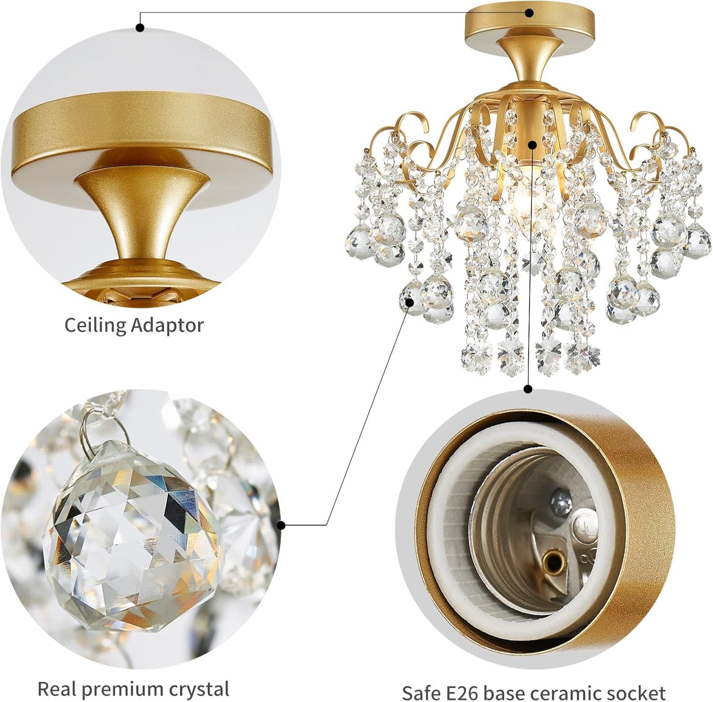 WUZUPS Crystal Chandelier Flushmount Ceiling Light Modern Lighting Fixture for Bedroom Hallway Bar Kitchen Bathroom, H 13.4" x W 12.6", E26 Base, Gold
