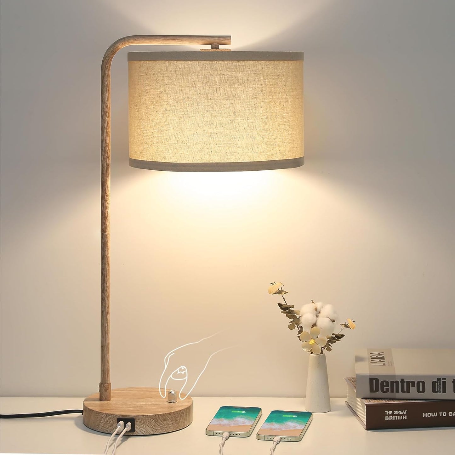 Tall Table Lamp with USB C+A Ports, Fully Stepless Dimmable Modern Bedside Nightstand Lamp, Reading Desk Lamp for Bedroom, Living Room, Study Room, Office, 9W 3000K LED Bulb Included