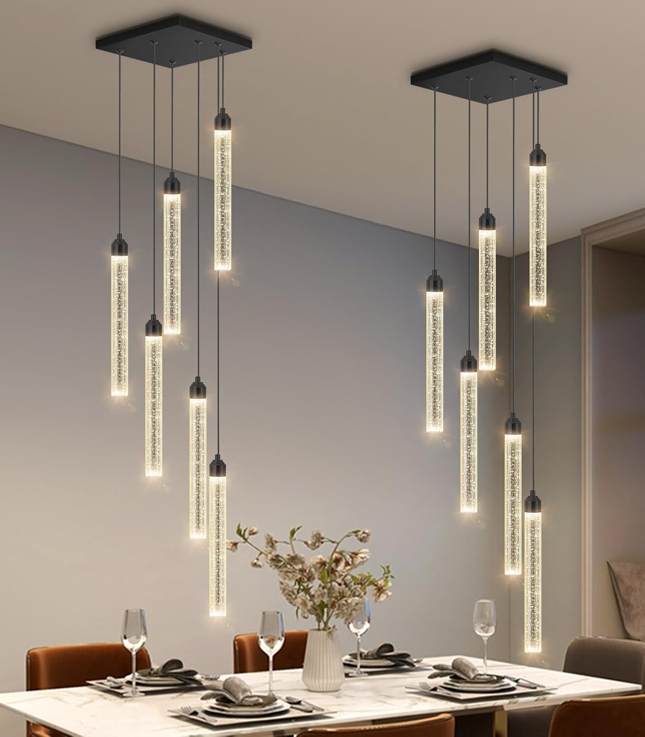 12-Lights Chandelier LED Dimmable Chandeliers for Entryway Flush Mount Ceiling Pendant Light Fixture Crystal Chandeliers for Living Room Black Finished Lighting Modern High Ceiling Chandelier