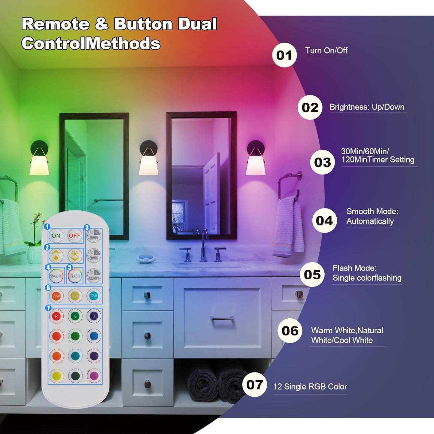 Battery Operated Frosted Glass Wall Sconces Set of Two, Rechargeable Wall Lamp 3 Color Temp & 12 RGB Colors Wireless Battery Powered for Bedroom Living Room with Remote