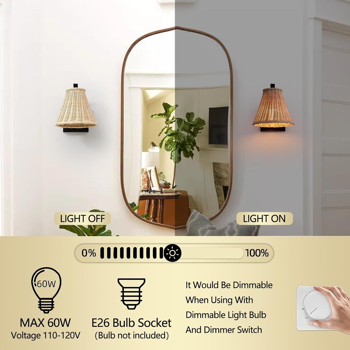 Boho Rattan Wall Sconce, Wrapped Wall Light Fixture with Hand Woven Wicker Lamp Shade, Hardwired Rustic Farmhouse Bedside Wall Mount Lighting Fixtures for Bedroom Living Room Hallway Bathroom Kitchen