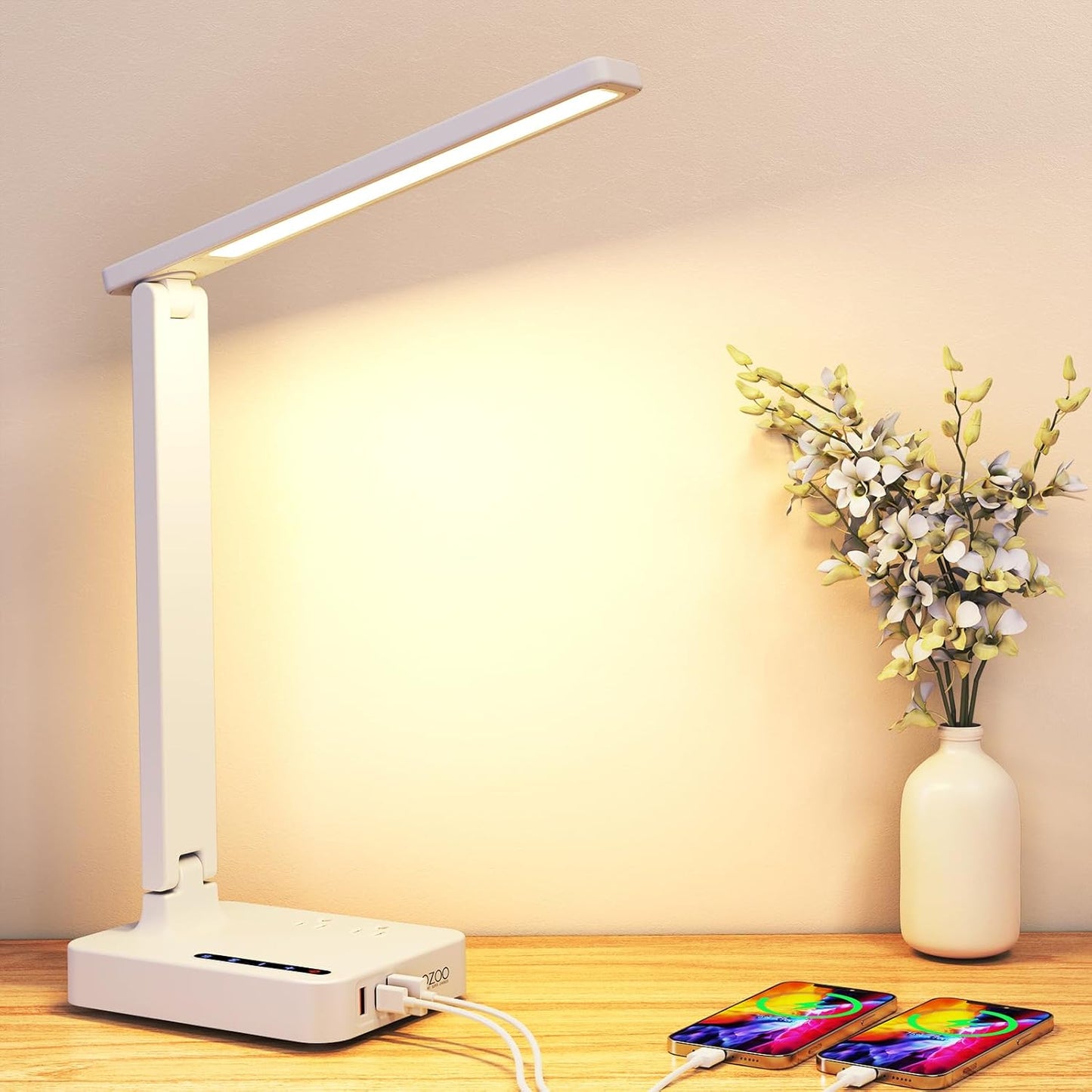 Desk Lamp,Desk Lamps for Home Office,COZOO LED Desk Lamp with 2 USB Charging Ports,2 Pen Holders,1 Outlet,3 Color 3 Brightness Levels,Touch/Memory/Timer,LED Desk Light Small Desk Lamp Kids Study Lamp