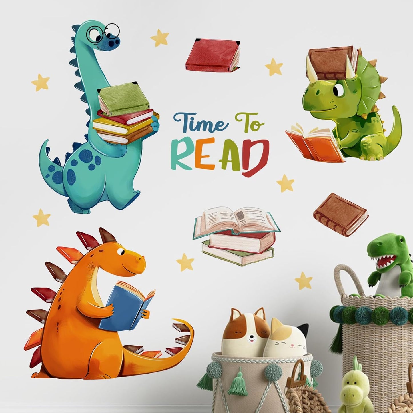 Yovkky Reading Dinosaur Wall Decals Stickers, Time to Read Dino Book Corner Baby Toddler Nursery Classroom Library Decor, Positive Quote Home Decorations Kids Bedroom Study Room Reading Nook Art